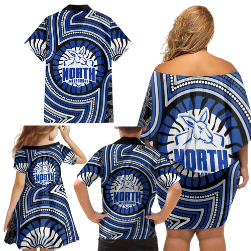 North Melbourne Kangaroos Family Matching Off Shoulder Short Dress and Hawaiian Shirt Indigenous Monochrome Dot Art Mascot Style