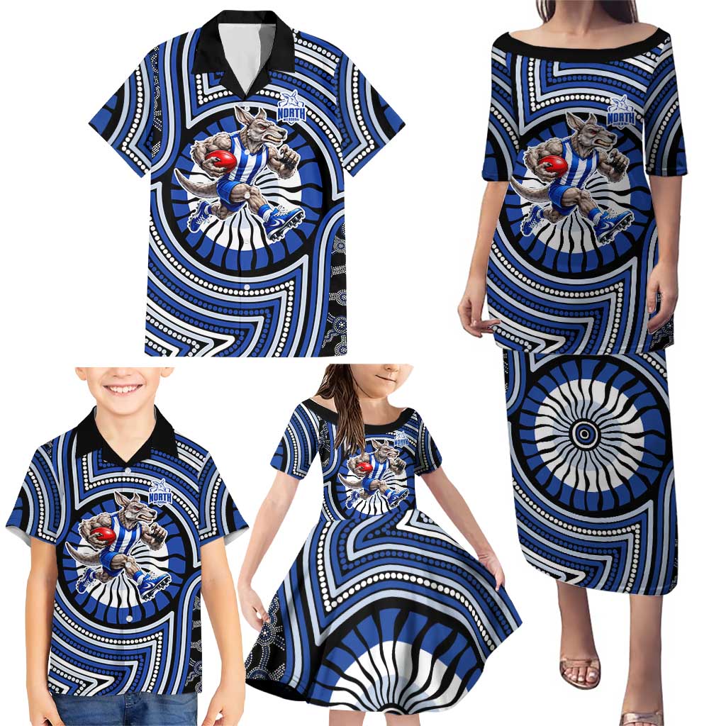 North Melbourne Kangaroos Family Matching Puletasi and Hawaiian Shirt Indigenous Monochrome Dot Art Mascot Style