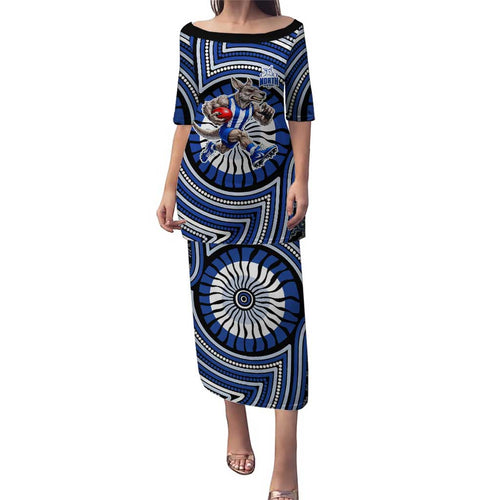 North Melbourne Kangaroos Family Matching Puletasi and Hawaiian Shirt Indigenous Monochrome Dot Art Mascot Style