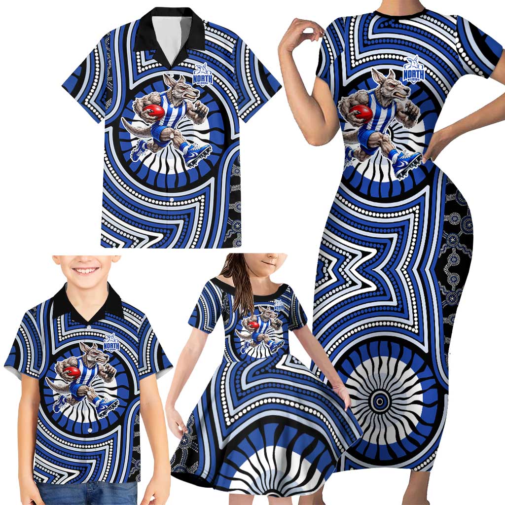 North Melbourne Kangaroos Family Matching Short Sleeve Bodycon Dress and Hawaiian Shirt Indigenous Monochrome Dot Art Mascot Style