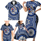 North Melbourne Kangaroos Family Matching Short Sleeve Bodycon Dress and Hawaiian Shirt Indigenous Monochrome Dot Art Mascot Style