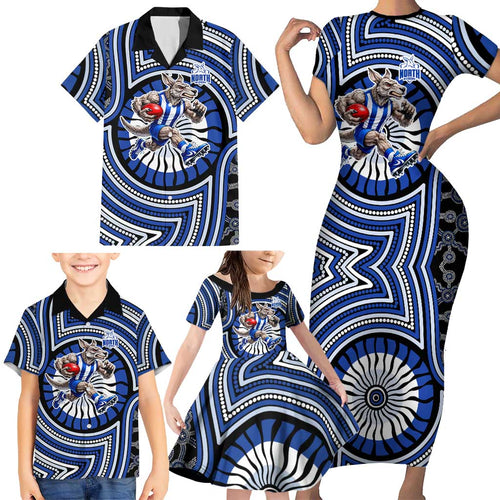 North Melbourne Kangaroos Family Matching Short Sleeve Bodycon Dress and Hawaiian Shirt Indigenous Monochrome Dot Art Mascot Style