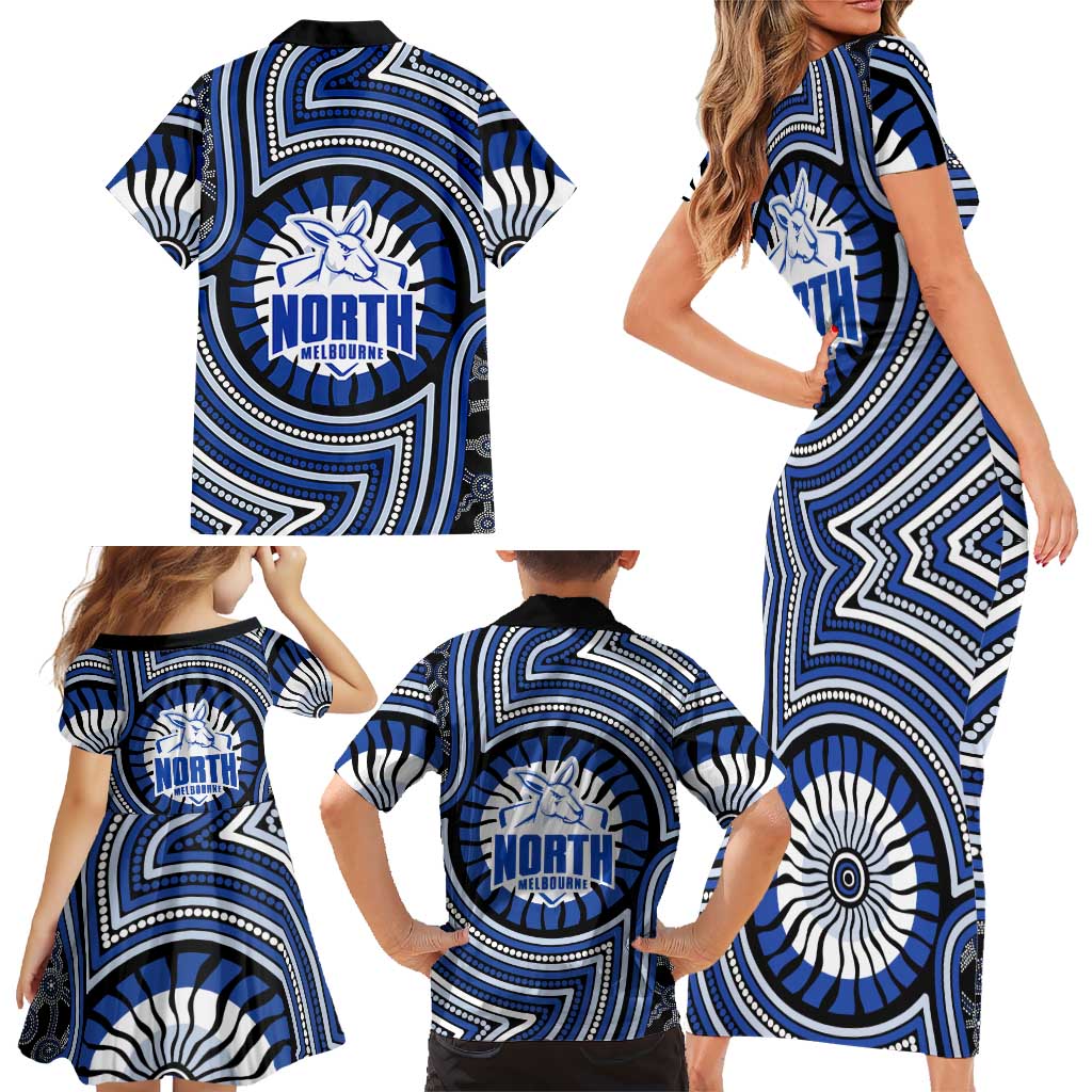 North Melbourne Kangaroos Family Matching Short Sleeve Bodycon Dress and Hawaiian Shirt Indigenous Monochrome Dot Art Mascot Style