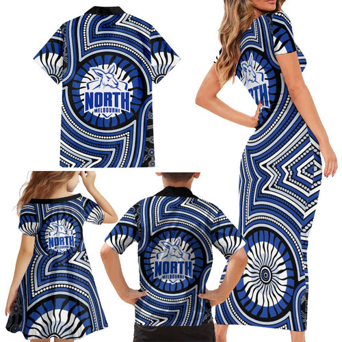 North Melbourne Kangaroos Family Matching Short Sleeve Bodycon Dress and Hawaiian Shirt Indigenous Monochrome Dot Art Mascot Style