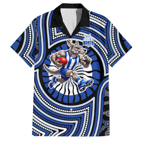 North Melbourne Kangaroos Family Matching Short Sleeve Bodycon Dress and Hawaiian Shirt Indigenous Monochrome Dot Art Mascot Style