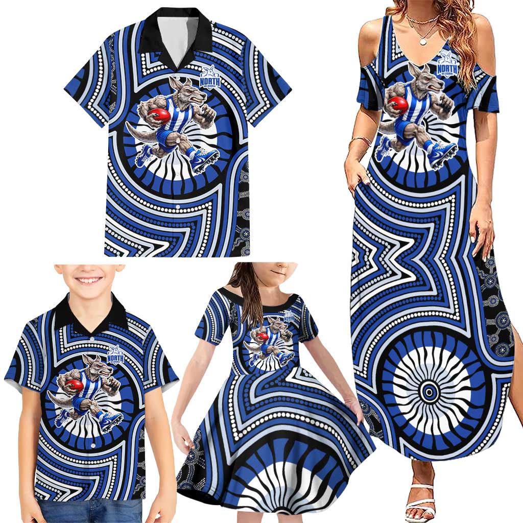 North Melbourne Kangaroos Family Matching Summer Maxi Dress and Hawaiian Shirt Indigenous Monochrome Dot Art Mascot Style