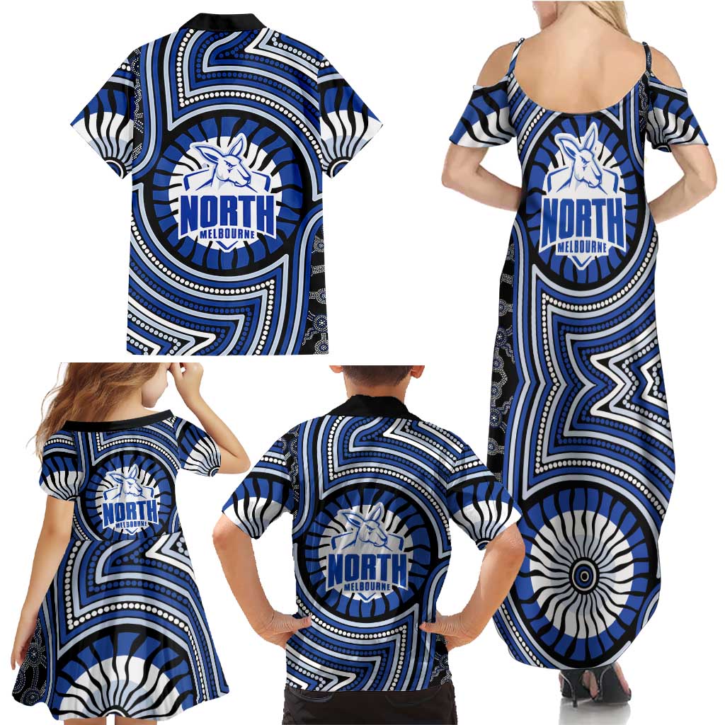 North Melbourne Kangaroos Family Matching Summer Maxi Dress and Hawaiian Shirt Indigenous Monochrome Dot Art Mascot Style