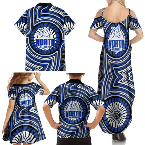 North Melbourne Kangaroos Family Matching Summer Maxi Dress and Hawaiian Shirt Indigenous Monochrome Dot Art Mascot Style