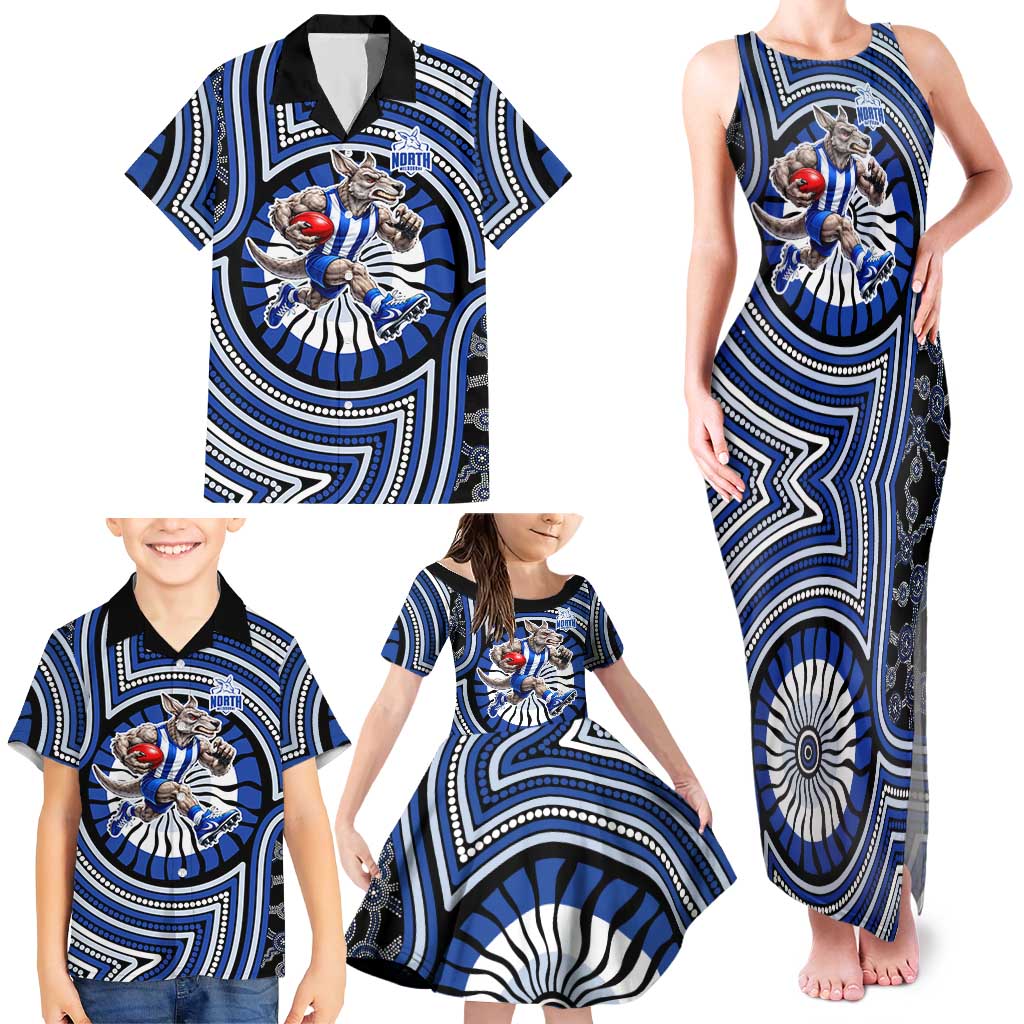 North Melbourne Kangaroos Family Matching Tank Maxi Dress and Hawaiian Shirt Indigenous Monochrome Dot Art Mascot Style