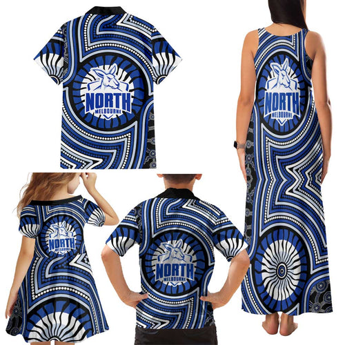 North Melbourne Kangaroos Family Matching Tank Maxi Dress and Hawaiian Shirt Indigenous Monochrome Dot Art Mascot Style