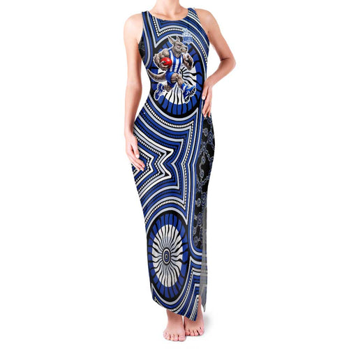 North Melbourne Kangaroos Family Matching Tank Maxi Dress and Hawaiian Shirt Indigenous Monochrome Dot Art Mascot Style