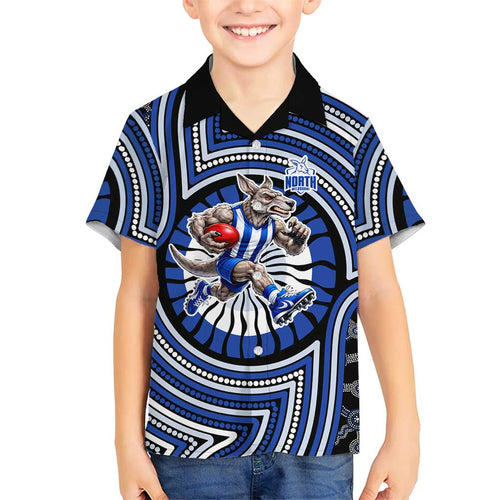 North Melbourne Kangaroos Family Matching Tank Maxi Dress and Hawaiian Shirt Indigenous Monochrome Dot Art Mascot Style