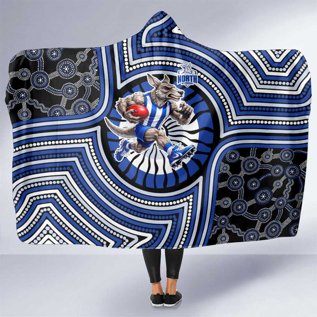 North Melbourne Kangaroos Hooded Blanket Indigenous Monochrome Dot Art Mascot Style