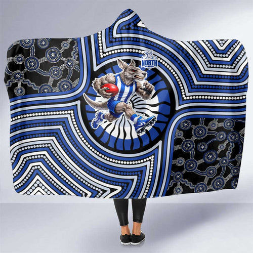 North Melbourne Kangaroos Hooded Blanket Indigenous Monochrome Dot Art Mascot Style