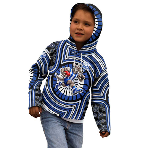 North Melbourne Kangaroos Kid Hoodie Indigenous Monochrome Dot Art Mascot Style