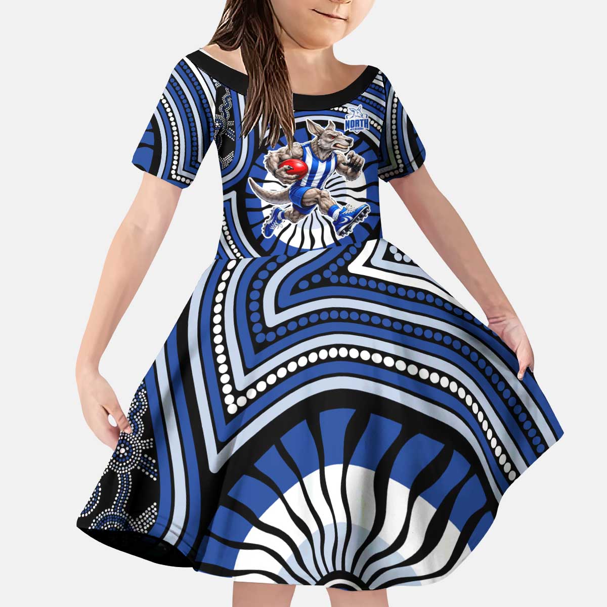 North Melbourne Kangaroos Kid Short Sleeve Dress Indigenous Monochrome Dot Art Mascot Style