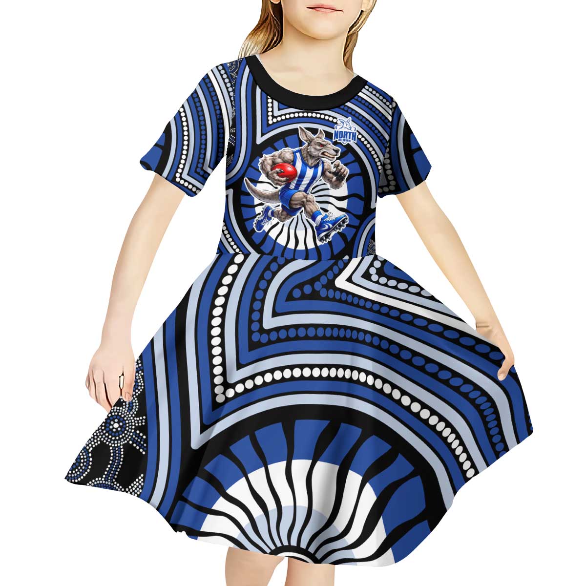 North Melbourne Kangaroos Kid Short Sleeve Dress Indigenous Monochrome Dot Art Mascot Style