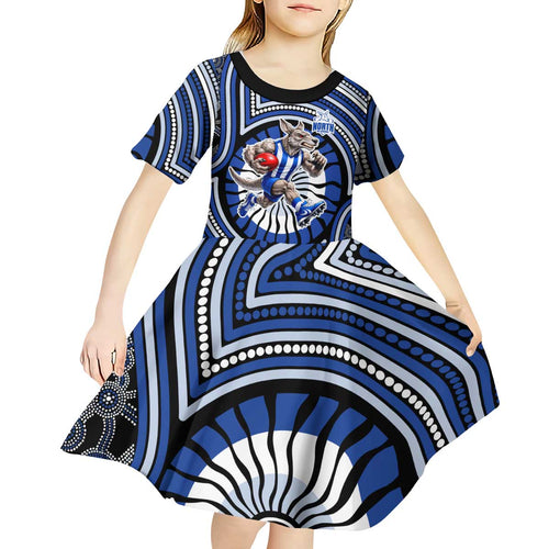 North Melbourne Kangaroos Kid Short Sleeve Dress Indigenous Monochrome Dot Art Mascot Style