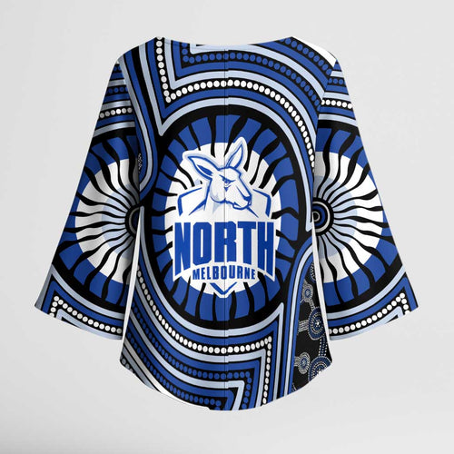 North Melbourne Kangaroos Kimono Sleeve Blouse Indigenous Monochrome Dot Art Mascot Style