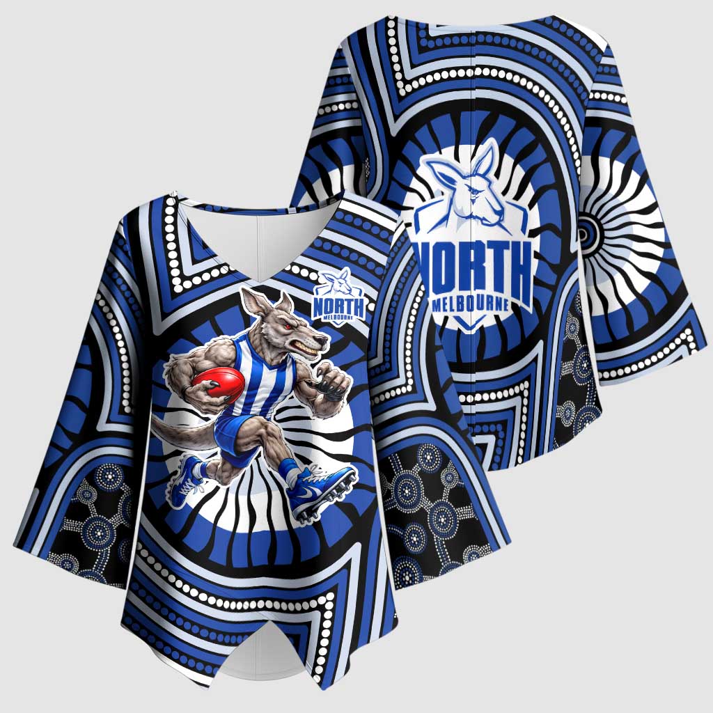 North Melbourne Kangaroos Kimono Sleeve Blouse Indigenous Monochrome Dot Art Mascot Style