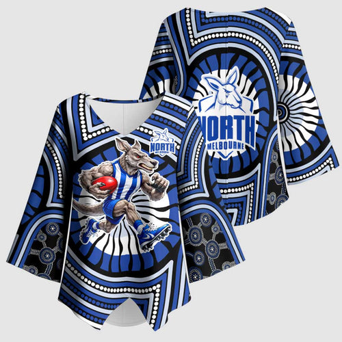 North Melbourne Kangaroos Kimono Sleeve Blouse Indigenous Monochrome Dot Art Mascot Style