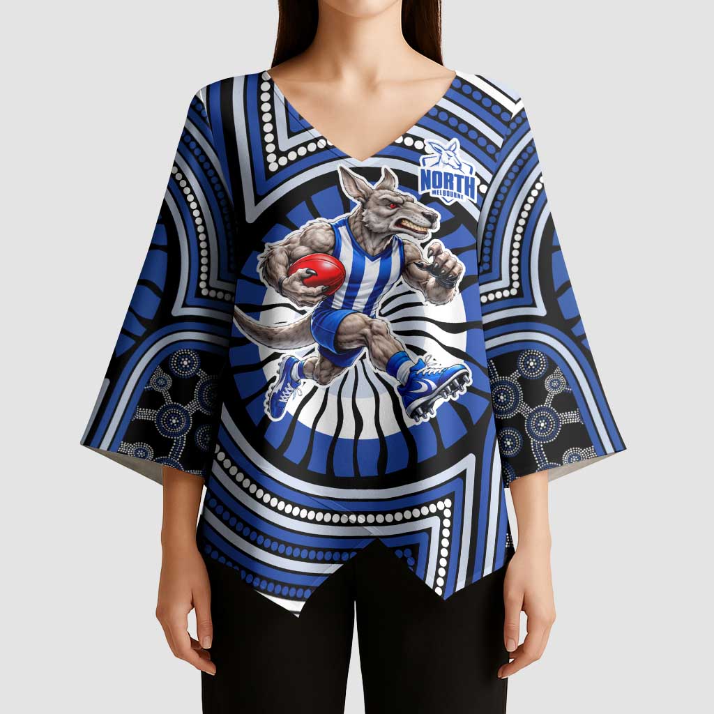North Melbourne Kangaroos Kimono Sleeve Blouse Indigenous Monochrome Dot Art Mascot Style