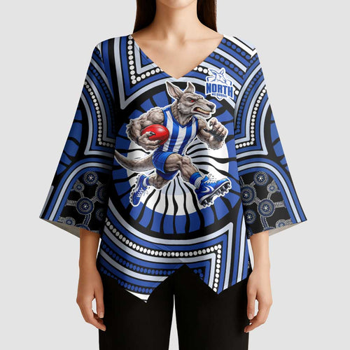 North Melbourne Kangaroos Kimono Sleeve Blouse Indigenous Monochrome Dot Art Mascot Style