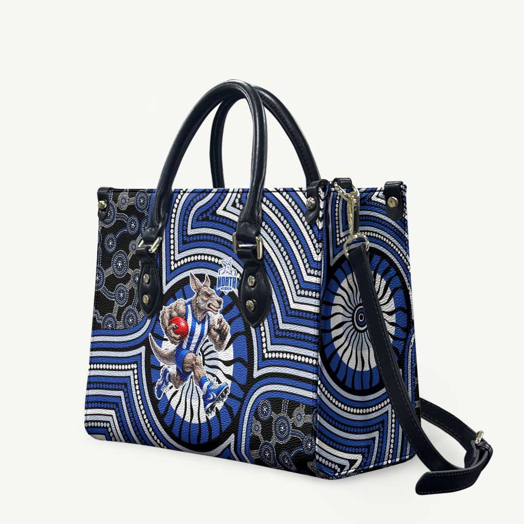 North Melbourne Kangaroos Leather Bag Indigenous Monochrome Dot Art Mascot Style