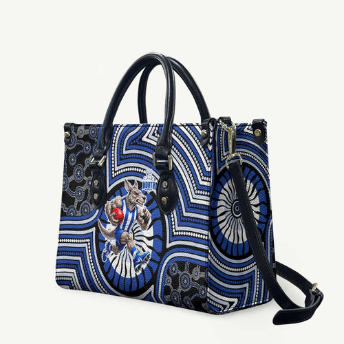 North Melbourne Kangaroos Leather Bag Indigenous Monochrome Dot Art Mascot Style