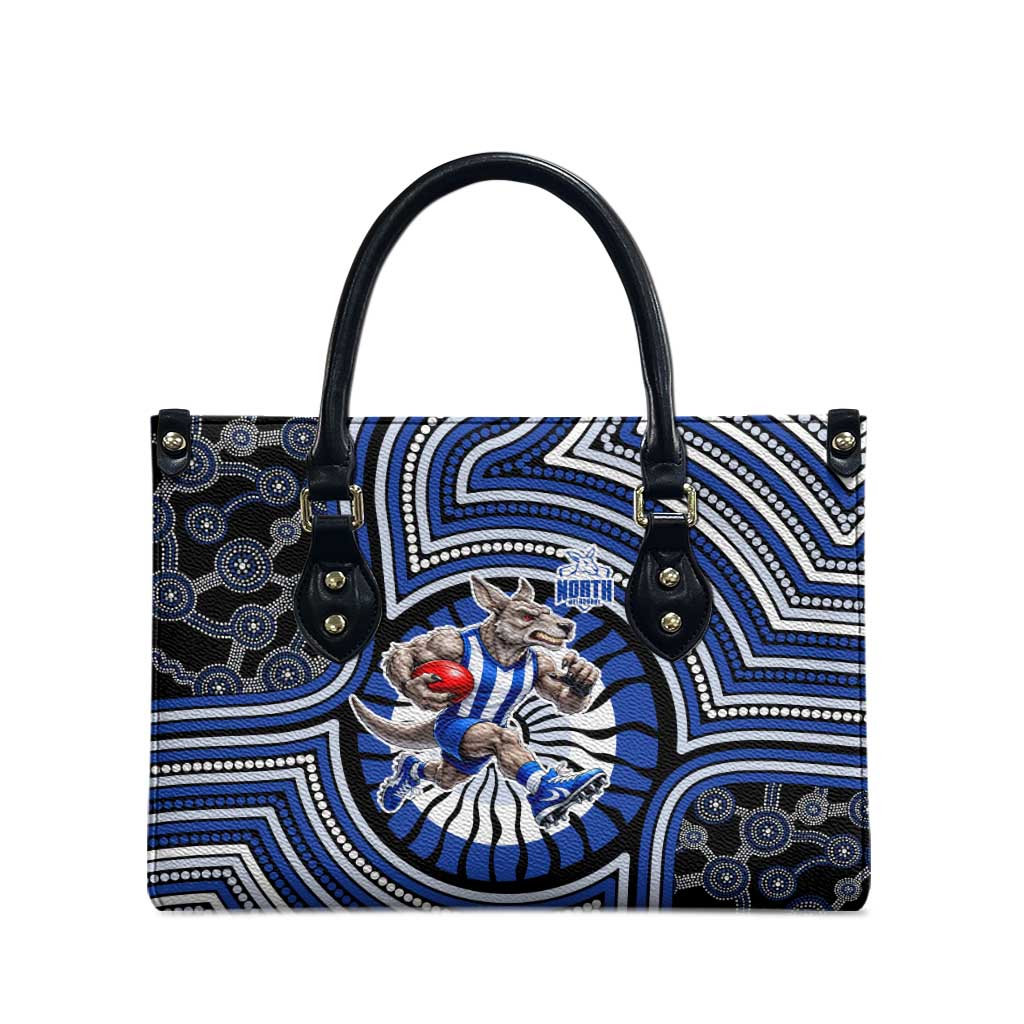 North Melbourne Kangaroos Leather Bag Indigenous Monochrome Dot Art Mascot Style