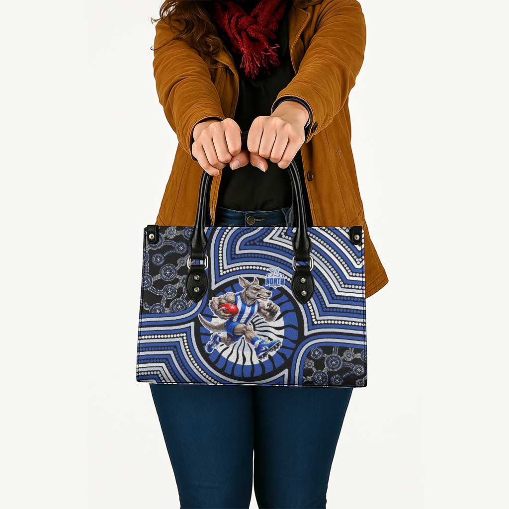 North Melbourne Kangaroos Leather Bag Indigenous Monochrome Dot Art Mascot Style
