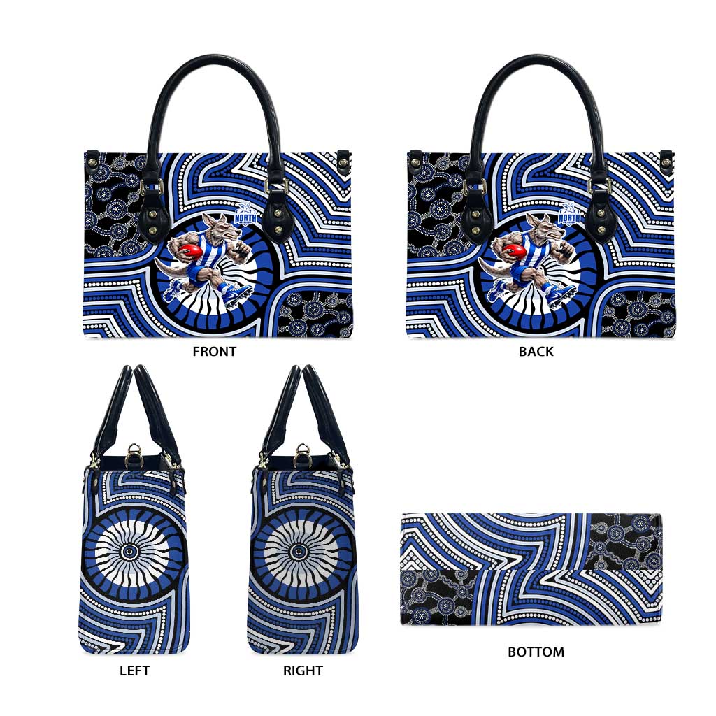 North Melbourne Kangaroos Leather Bag Indigenous Monochrome Dot Art Mascot Style