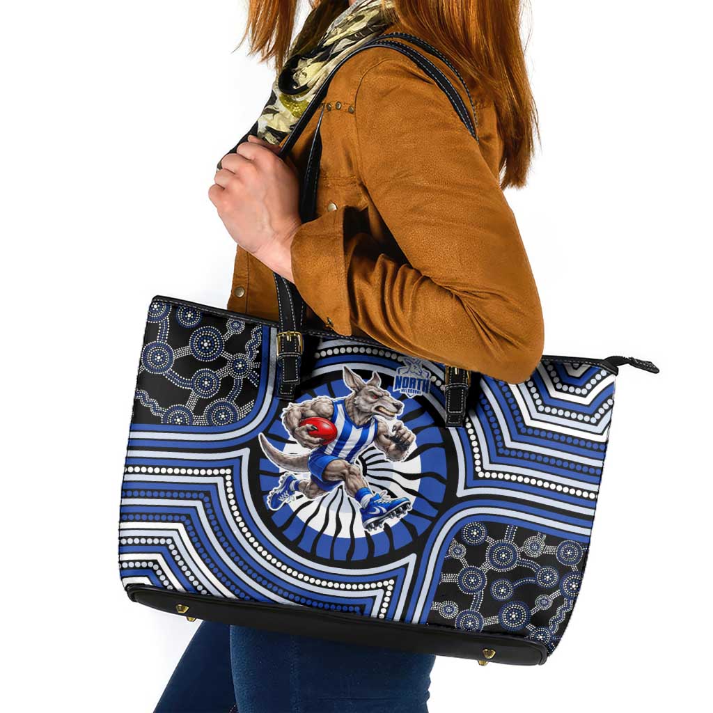 North Melbourne Kangaroos Leather Tote Bag Indigenous Monochrome Dot Art Mascot Style
