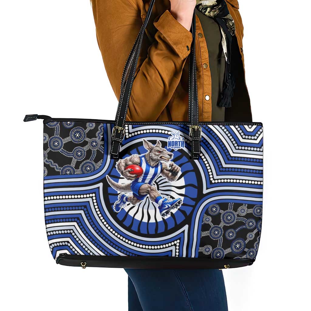 North Melbourne Kangaroos Leather Tote Bag Indigenous Monochrome Dot Art Mascot Style