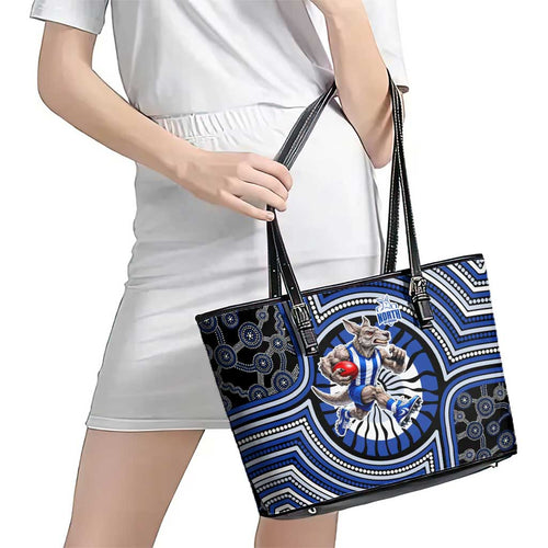 North Melbourne Kangaroos Leather Tote Bag Indigenous Monochrome Dot Art Mascot Style