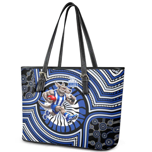 North Melbourne Kangaroos Leather Tote Bag Indigenous Monochrome Dot Art Mascot Style