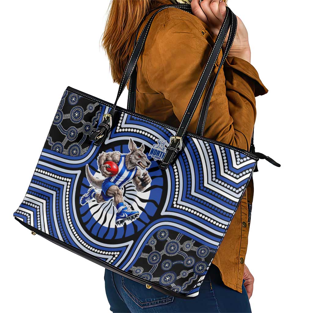 North Melbourne Kangaroos Leather Tote Bag Indigenous Monochrome Dot Art Mascot Style