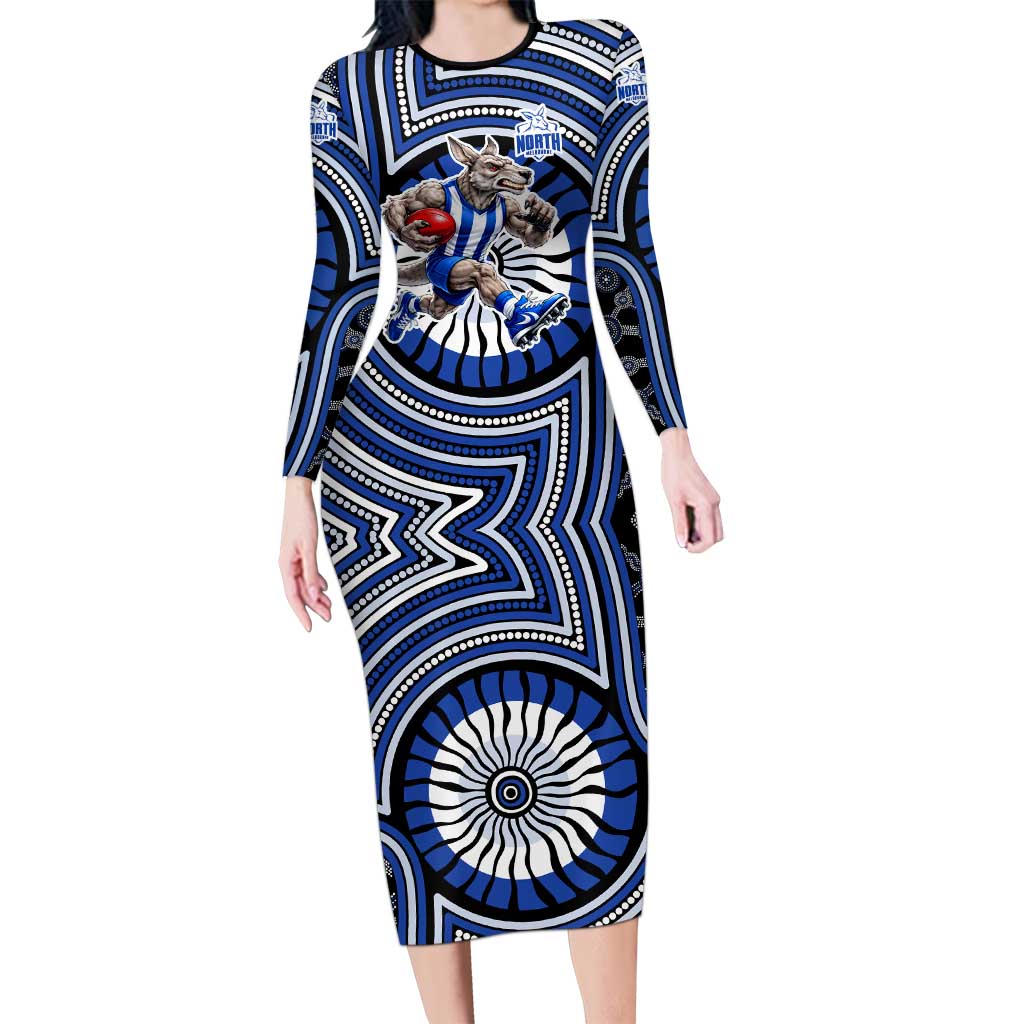 North Melbourne Kangaroos Long Sleeve Bodycon Dress Indigenous Monochrome Dot Art Mascot Style
