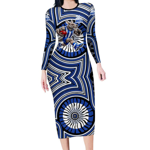 North Melbourne Kangaroos Long Sleeve Bodycon Dress Indigenous Monochrome Dot Art Mascot Style