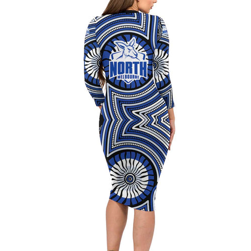 North Melbourne Kangaroos Long Sleeve Bodycon Dress Indigenous Monochrome Dot Art Mascot Style