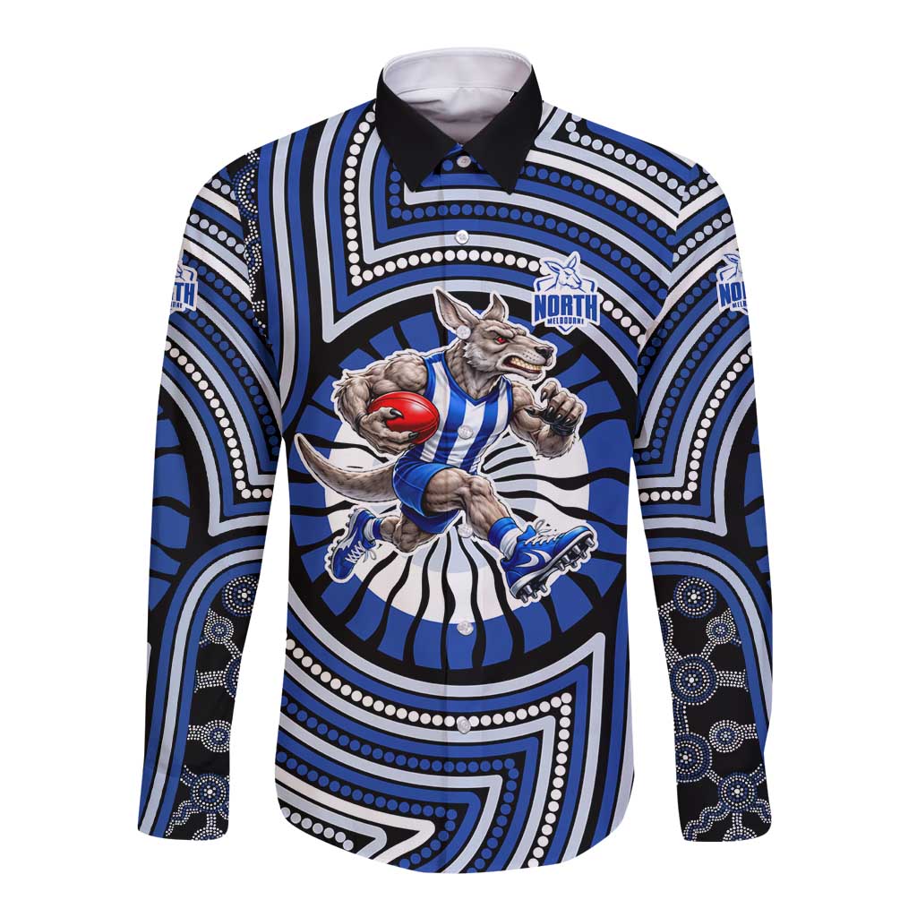 North Melbourne Kangaroos Long Sleeve Button Shirt Indigenous Monochrome Dot Art Mascot Style