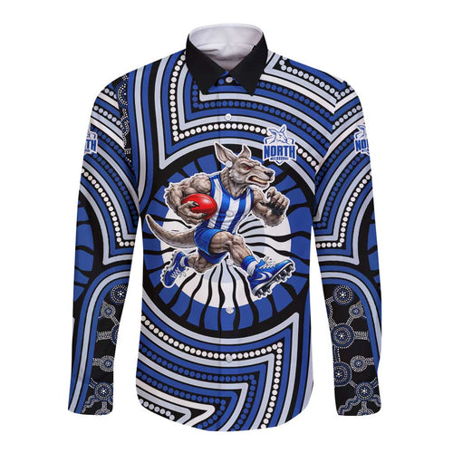 North Melbourne Kangaroos Long Sleeve Button Shirt Indigenous Monochrome Dot Art Mascot Style