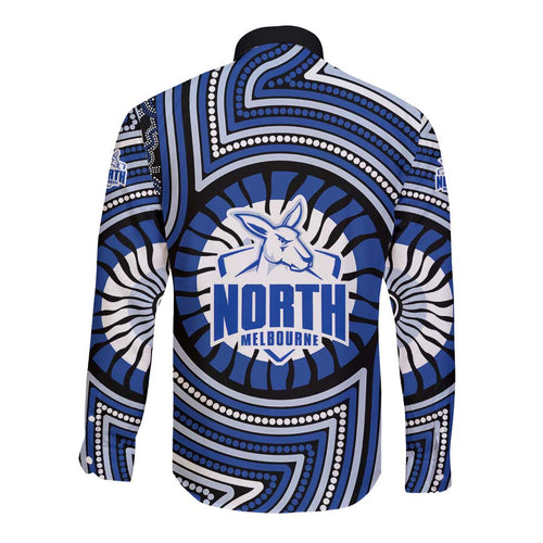 North Melbourne Kangaroos Long Sleeve Button Shirt Indigenous Monochrome Dot Art Mascot Style