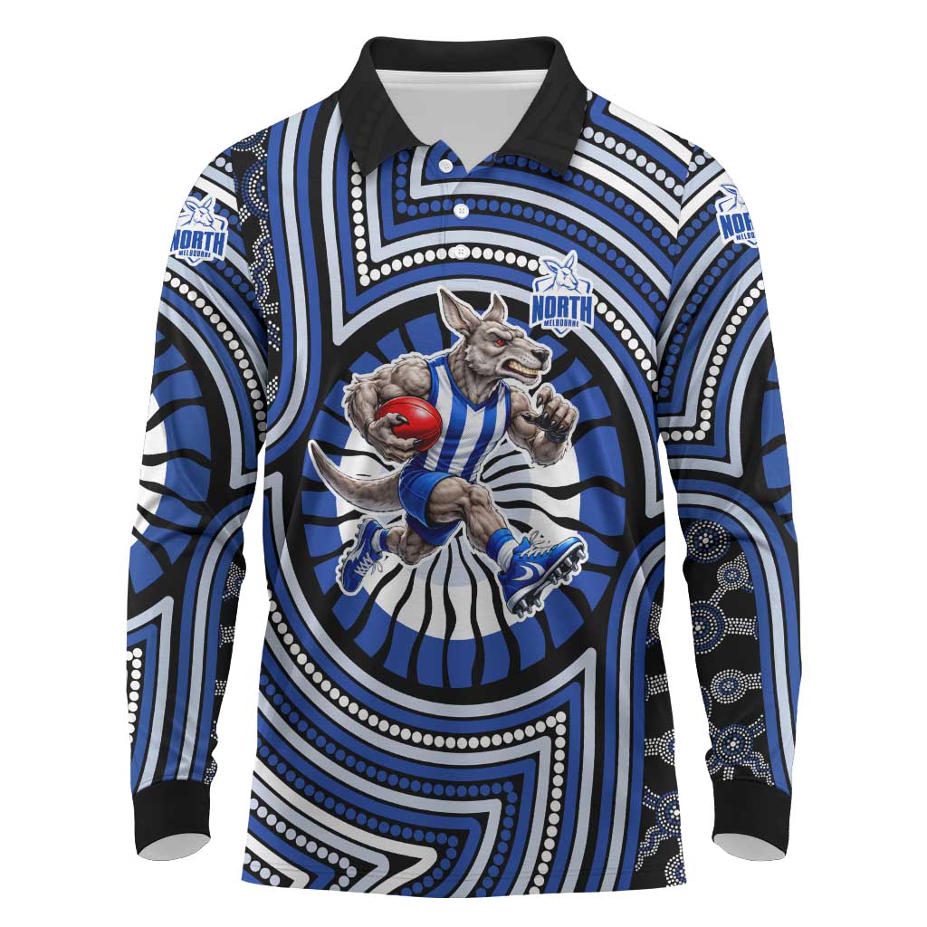 North Melbourne Kangaroos Long Sleeve Polo Shirt Indigenous Monochrome Dot Art Mascot Style