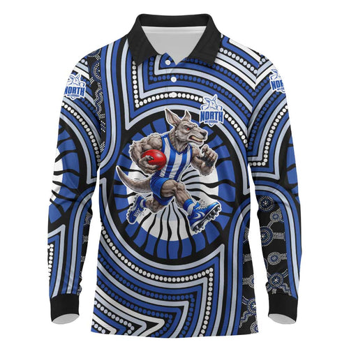 North Melbourne Kangaroos Long Sleeve Polo Shirt Indigenous Monochrome Dot Art Mascot Style