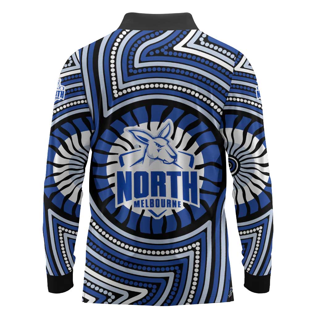 North Melbourne Kangaroos Long Sleeve Polo Shirt Indigenous Monochrome Dot Art Mascot Style