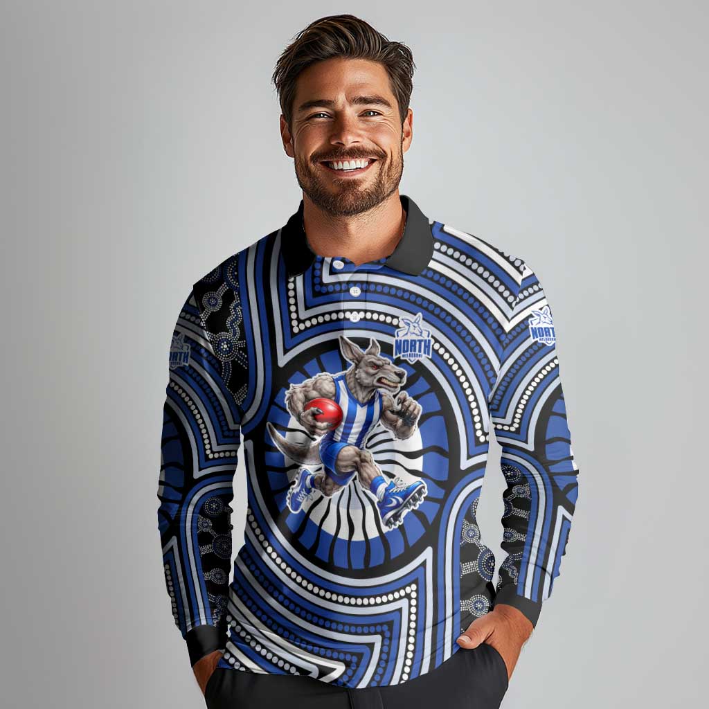 North Melbourne Kangaroos Long Sleeve Polo Shirt Indigenous Monochrome Dot Art Mascot Style