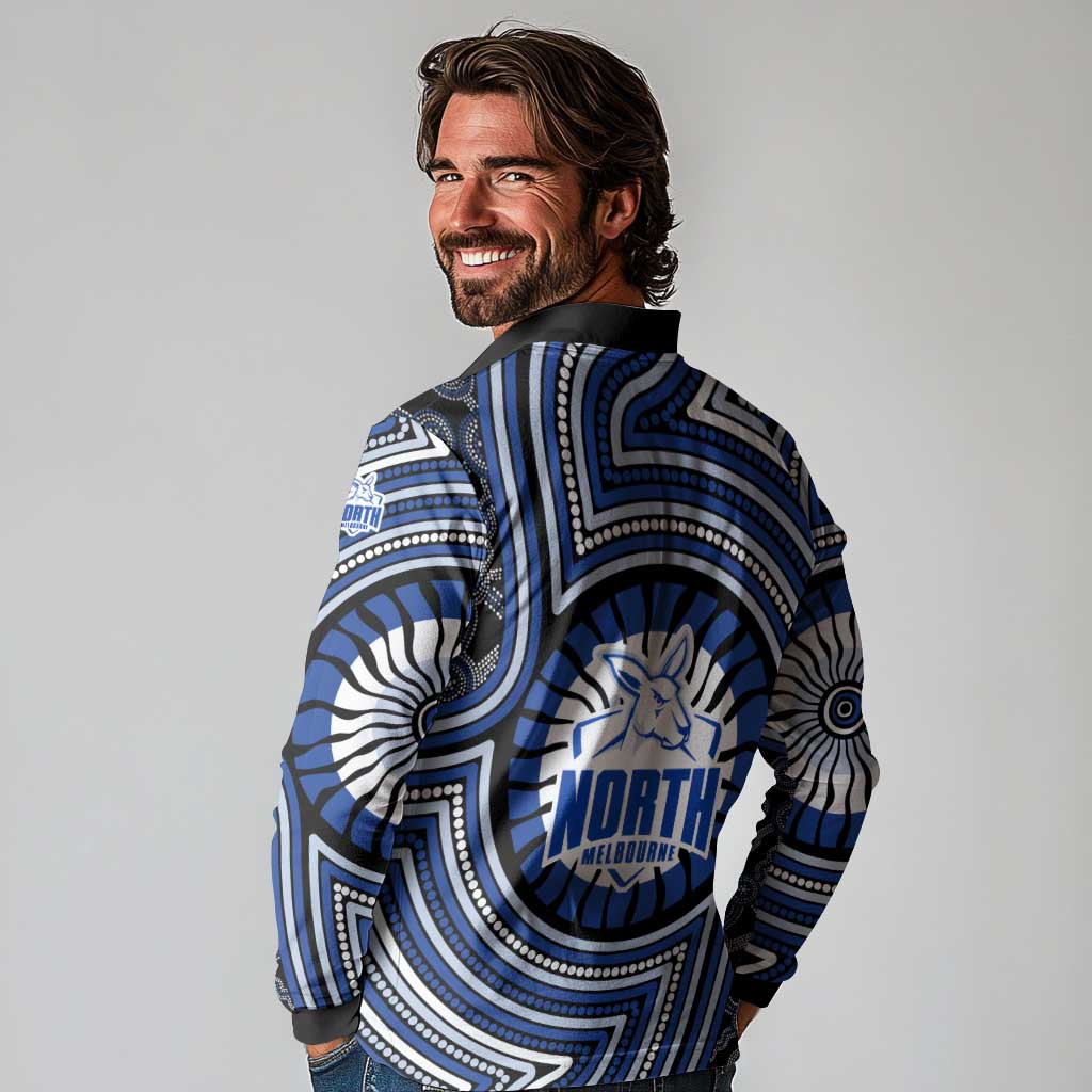 North Melbourne Kangaroos Long Sleeve Polo Shirt Indigenous Monochrome Dot Art Mascot Style