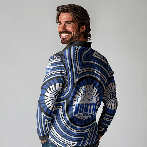 North Melbourne Kangaroos Long Sleeve Polo Shirt Indigenous Monochrome Dot Art Mascot Style
