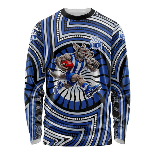 North Melbourne Kangaroos Long Sleeve Shirt Indigenous Monochrome Dot Art Mascot Style